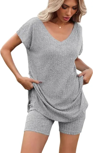 Ekouaer Womens 2 Piece Sets Summer Biker Shorts Set Outfits Knit Loungewear V Neck Workout Sets Tracksuit S-XXL