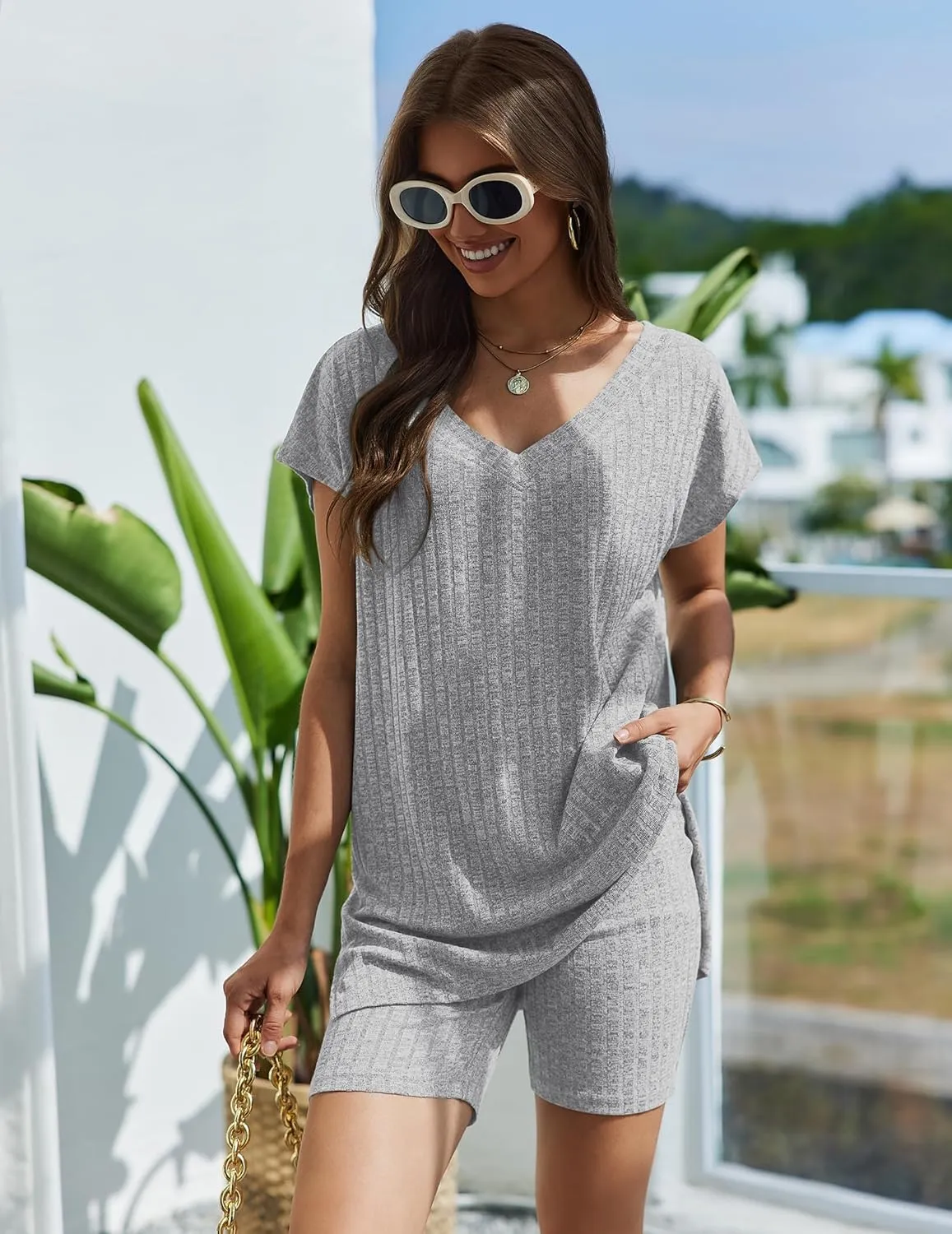 Ekouaer Womens 2 Piece Sets Summer Biker Shorts Set Outfits Knit Loungewear V Neck Workout Sets Tracksuit S-XXL