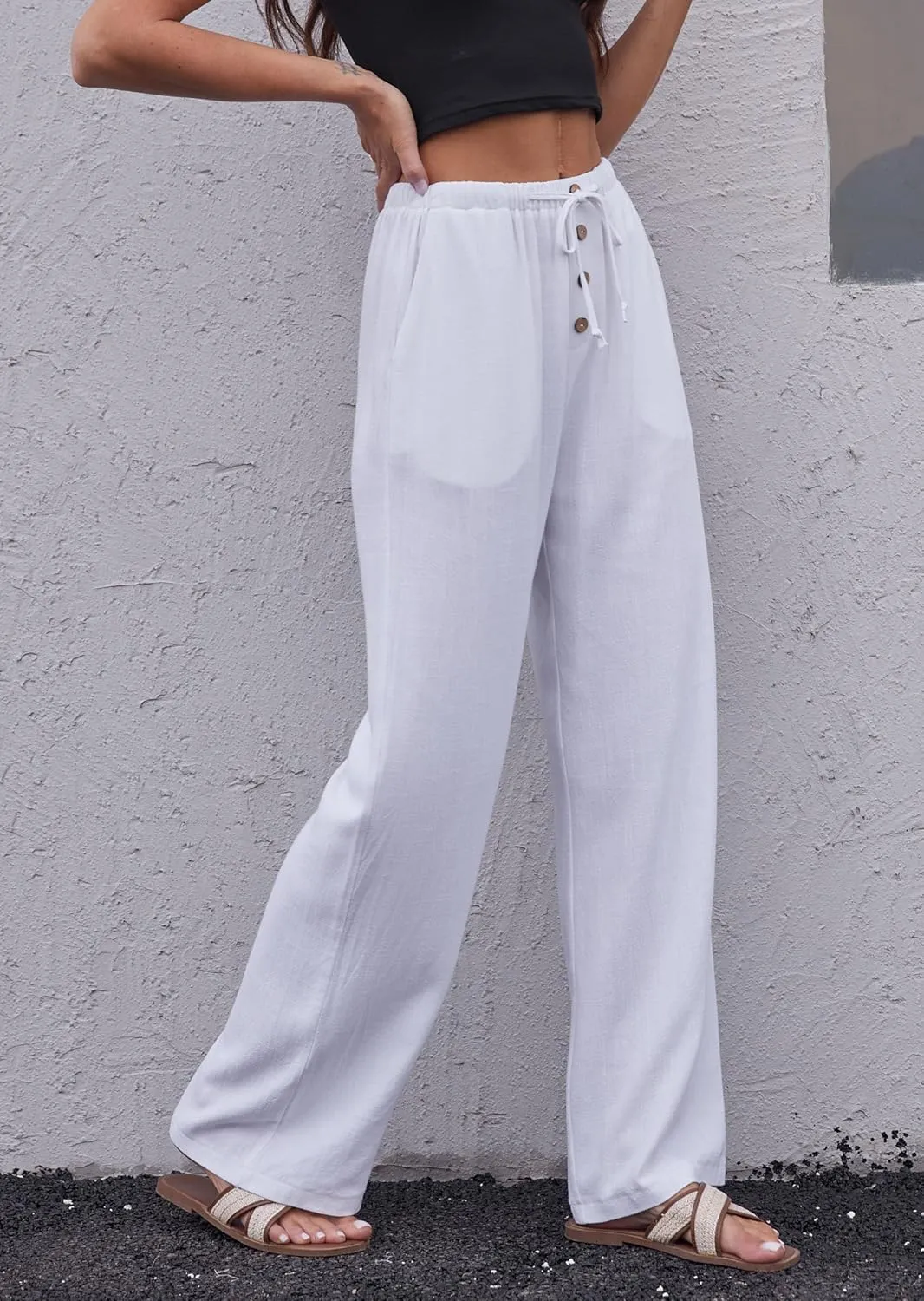 Fakanhui Women's Cotton Linen Wide Leg Pants Summer Relaxed Loose Comfy Casual Flow Baggy Slacks Linen Pants