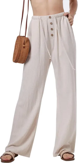Fakanhui Women's Cotton Linen Wide Leg Pants Summer Relaxed Loose Comfy Casual Flow Baggy Slacks Linen Pants