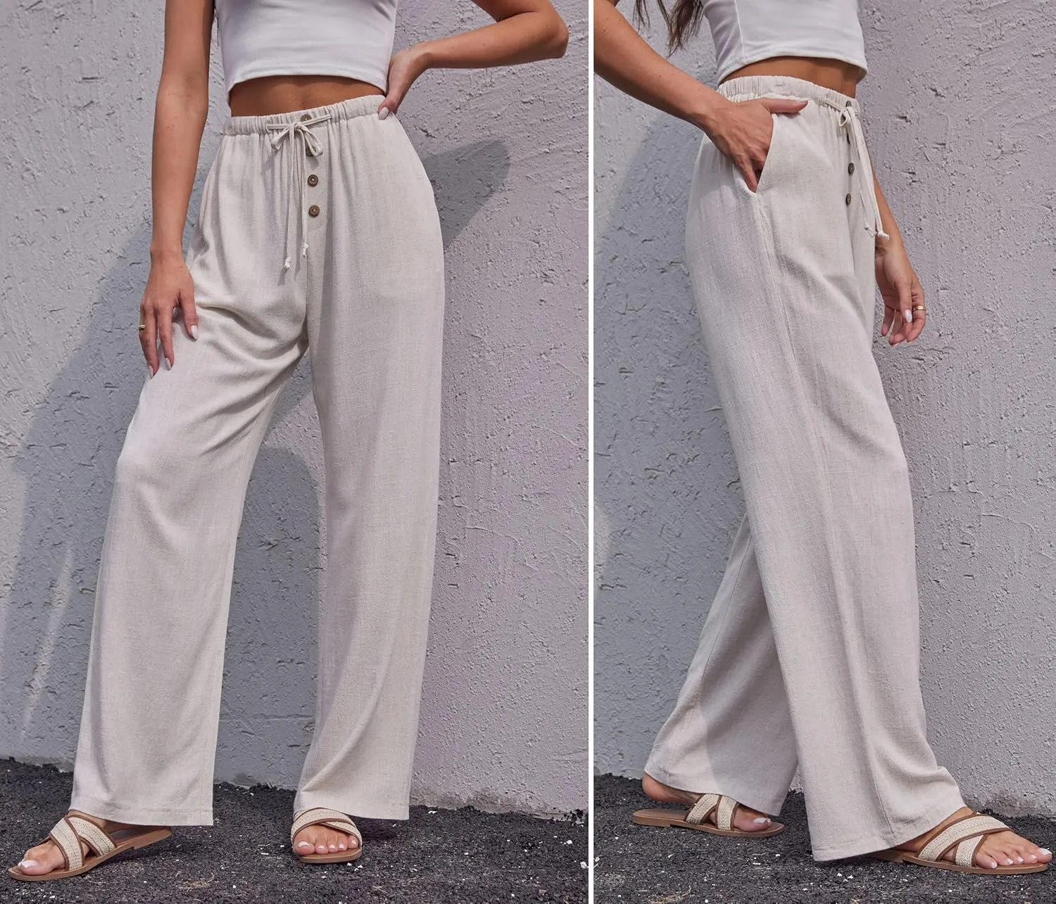 Fakanhui Women's Cotton Linen Wide Leg Pants Summer Relaxed Loose Comfy Casual Flow Baggy Slacks Linen Pants