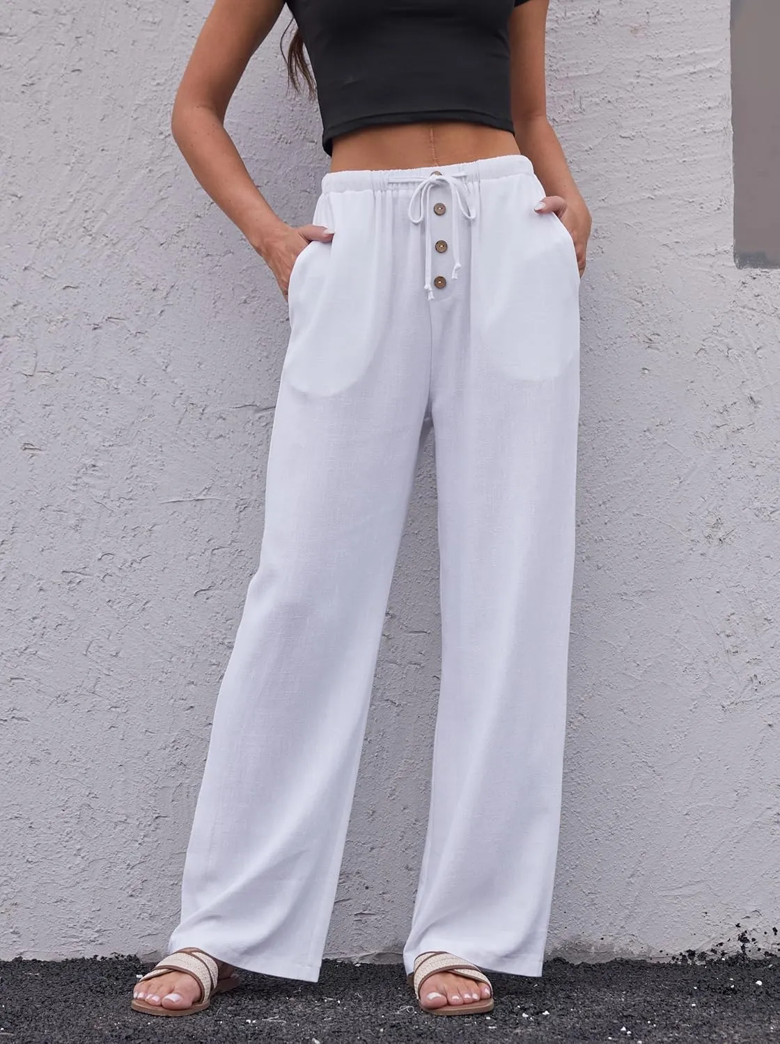 Fakanhui Women's Cotton Linen Wide Leg Pants Summer Relaxed Loose Comfy Casual Flow Baggy Slacks Linen Pants