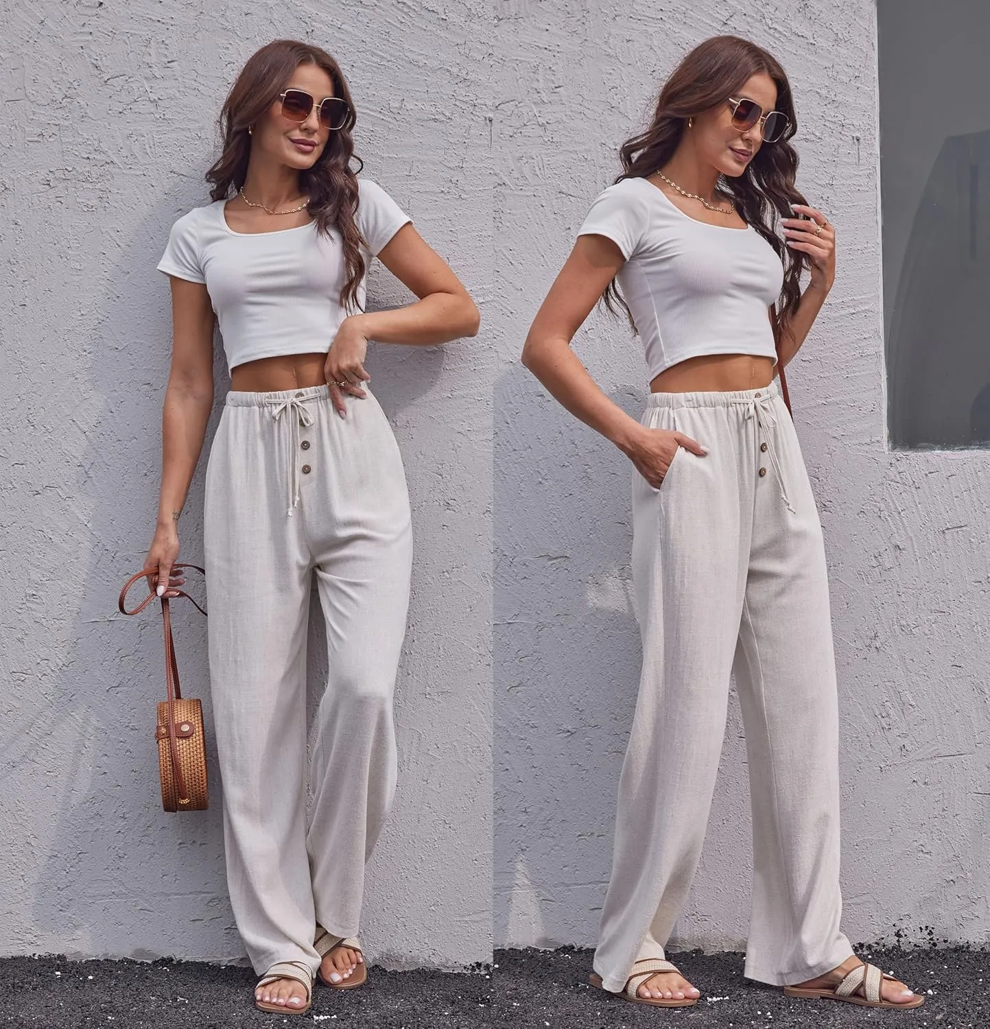 Fakanhui Women's Cotton Linen Wide Leg Pants Summer Relaxed Loose Comfy Casual Flow Baggy Slacks Linen Pants