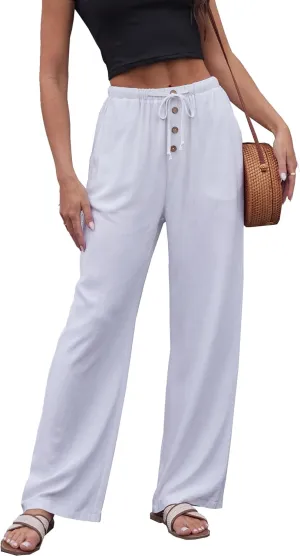Fakanhui Women's Cotton Linen Wide Leg Pants Summer Relaxed Loose Comfy Casual Flow Baggy Slacks Linen Pants