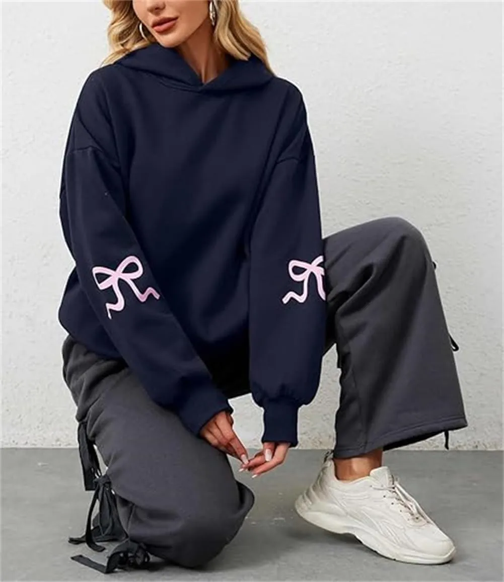 Faretumiya Women Bow Print Hoodies Oversized Hooded Sweatshirt Long Sleeve Drop Shoulder Graphic Y2k Shirt Pullover Top