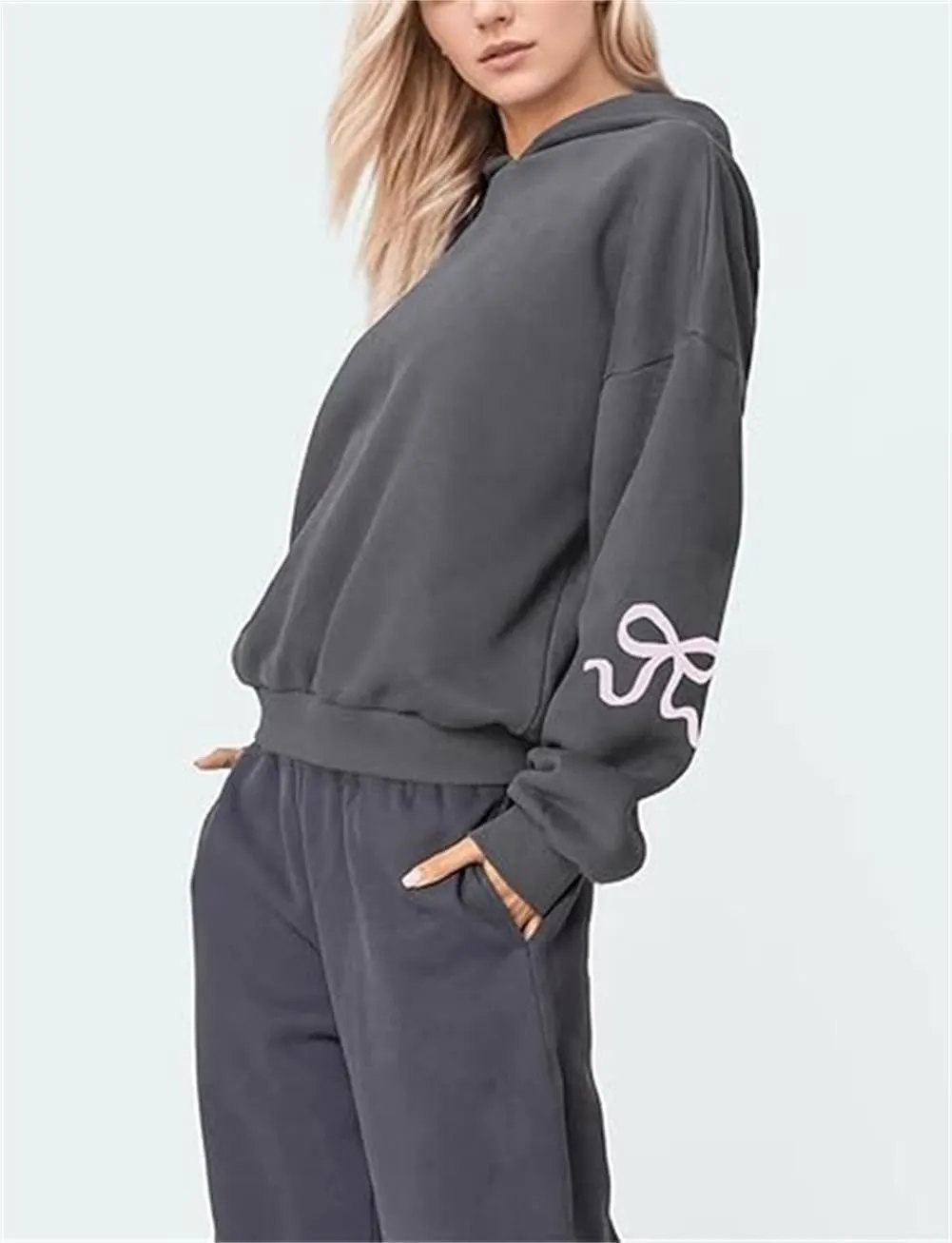 Faretumiya Women Bow Print Hoodies Oversized Hooded Sweatshirt Long Sleeve Drop Shoulder Graphic Y2k Shirt Pullover Top