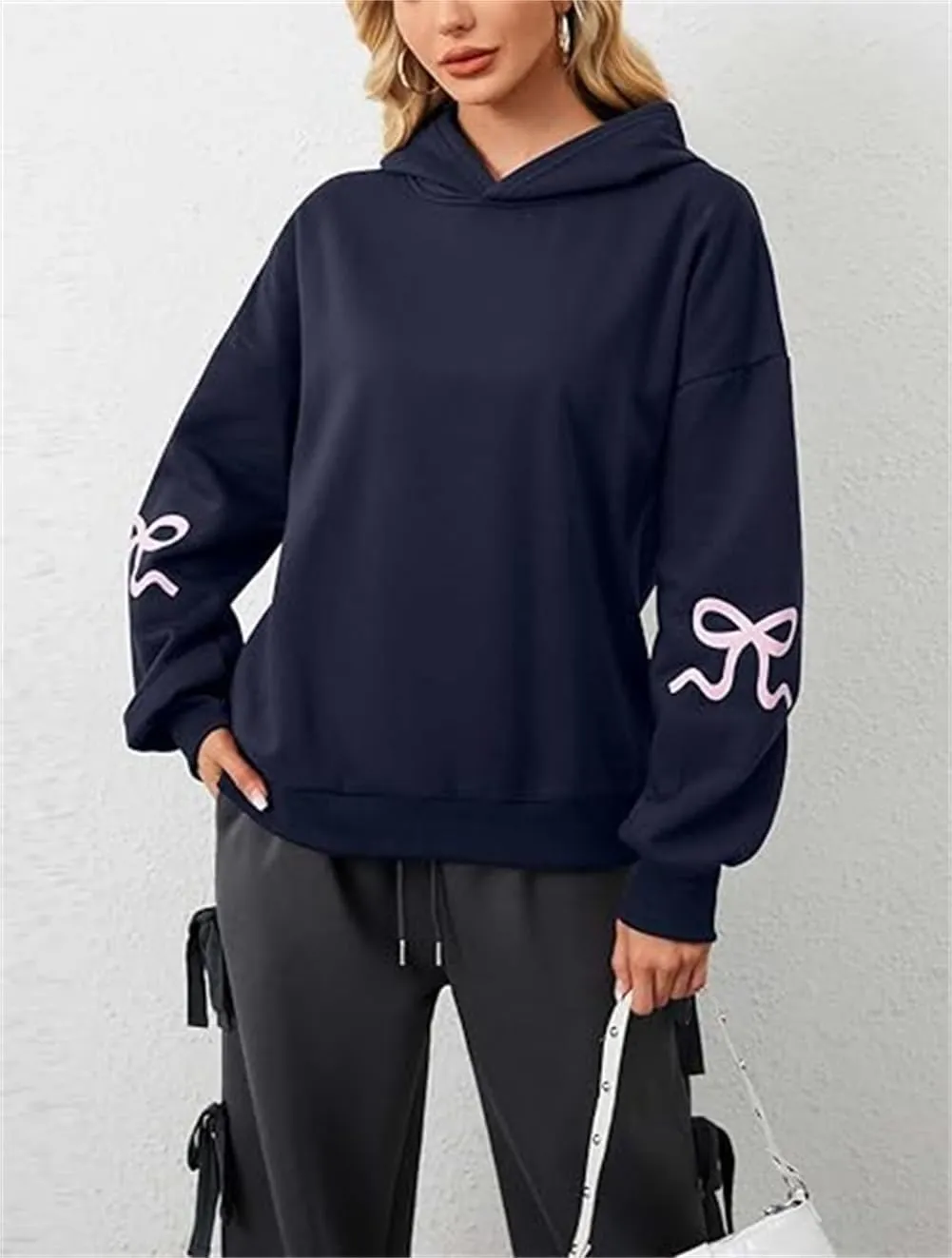 Faretumiya Women Bow Print Hoodies Oversized Hooded Sweatshirt Long Sleeve Drop Shoulder Graphic Y2k Shirt Pullover Top