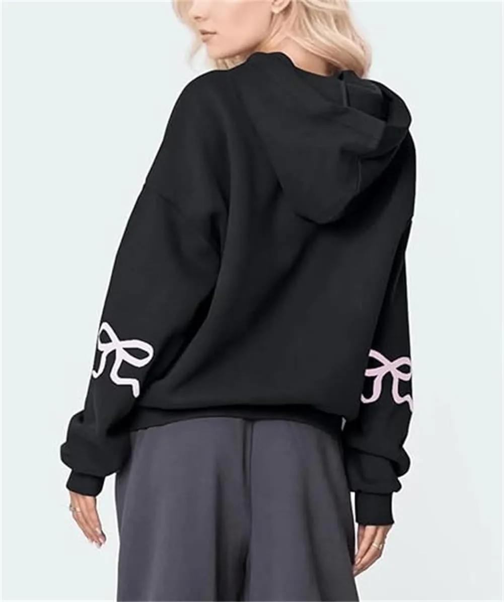Faretumiya Women Bow Print Hoodies Oversized Hooded Sweatshirt Long Sleeve Drop Shoulder Graphic Y2k Shirt Pullover Top