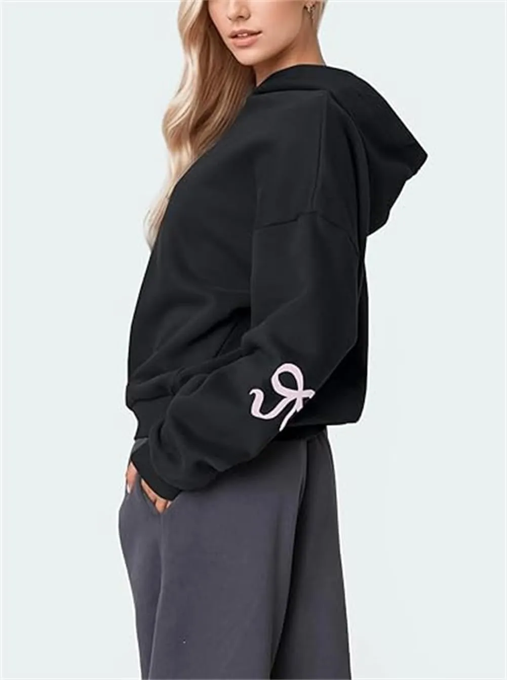 Faretumiya Women Bow Print Hoodies Oversized Hooded Sweatshirt Long Sleeve Drop Shoulder Graphic Y2k Shirt Pullover Top