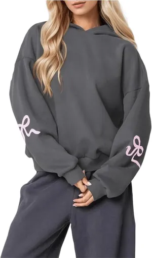 Faretumiya Women Bow Print Hoodies Oversized Hooded Sweatshirt Long Sleeve Drop Shoulder Graphic Y2k Shirt Pullover Top