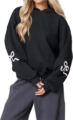 Faretumiya Women Bow Print Hoodies Oversized Hooded Sweatshirt Long Sleeve Drop Shoulder Graphic Y2k Shirt Pullover Top