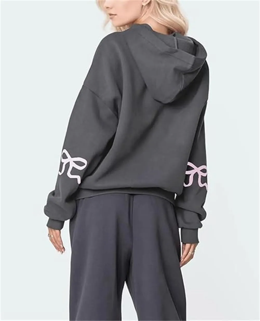 Faretumiya Women Bow Print Hoodies Oversized Hooded Sweatshirt Long Sleeve Drop Shoulder Graphic Y2k Shirt Pullover Top