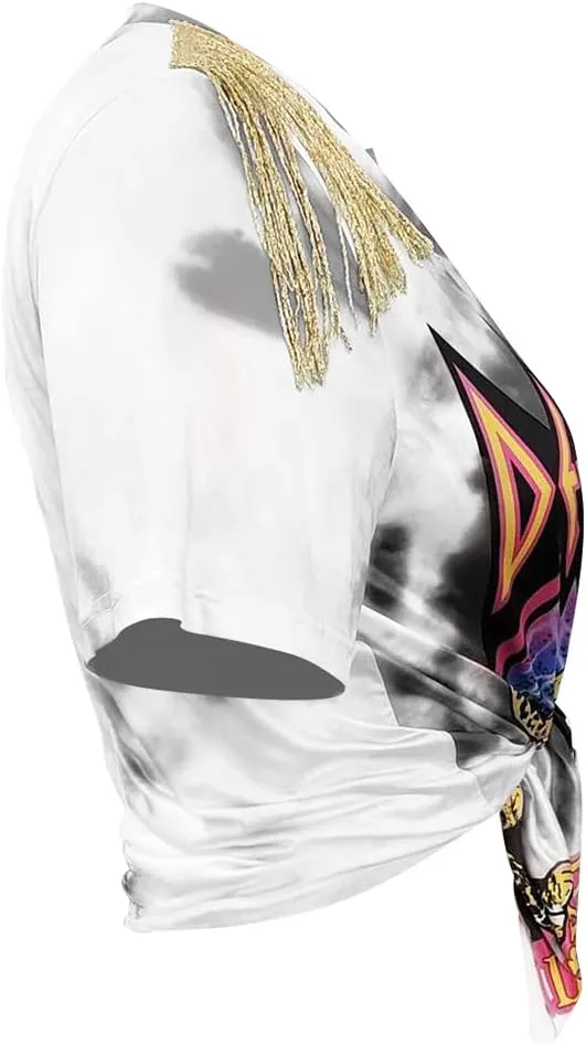 Fawjsais Women Sexy Graphic Tees Low Cut V Neck Tops Fringe Short Sleeve Shirts Knot Front Tops