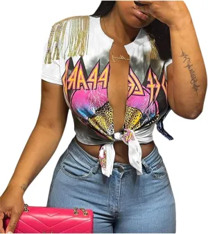 Fawjsais Women Sexy Graphic Tees Low Cut V Neck Tops Fringe Short Sleeve Shirts Knot Front Tops