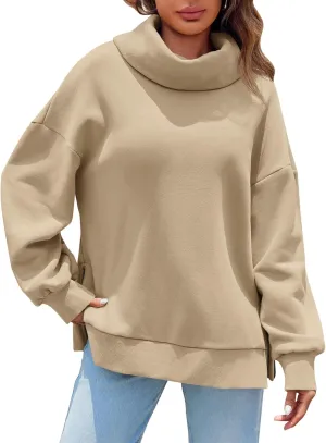 Fisoew Womens Turtleneck Oversized Sweatshirts Casual Long Sleeve Side Zip Warm Pullover Tops