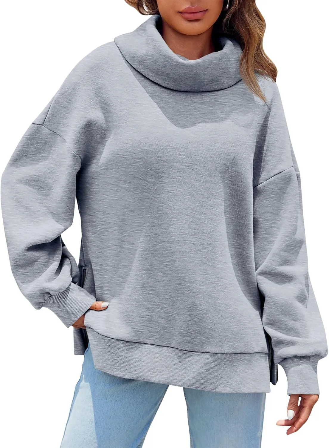 Fisoew Womens Turtleneck Oversized Sweatshirts Casual Long Sleeve Side Zip Warm Pullover Tops