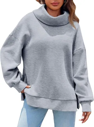 Fisoew Womens Turtleneck Oversized Sweatshirts Casual Long Sleeve Side Zip Warm Pullover Tops