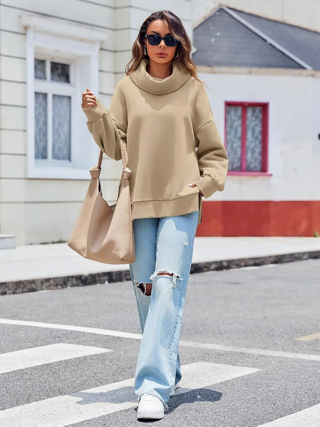 Fisoew Womens Turtleneck Oversized Sweatshirts Casual Long Sleeve Side Zip Warm Pullover Tops