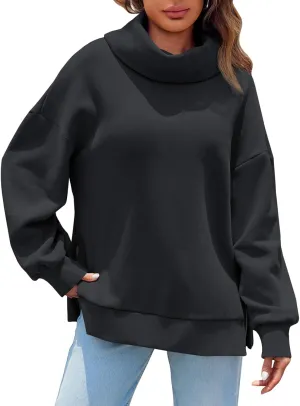 Fisoew Womens Turtleneck Oversized Sweatshirts Casual Long Sleeve Side Zip Warm Pullover Tops