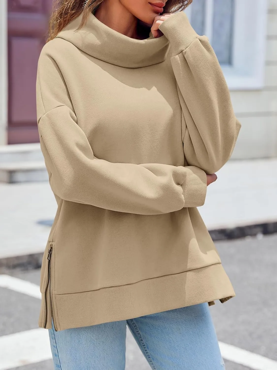 Fisoew Womens Turtleneck Oversized Sweatshirts Casual Long Sleeve Side Zip Warm Pullover Tops