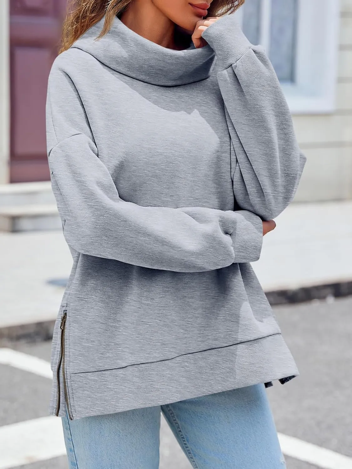 Fisoew Womens Turtleneck Oversized Sweatshirts Casual Long Sleeve Side Zip Warm Pullover Tops