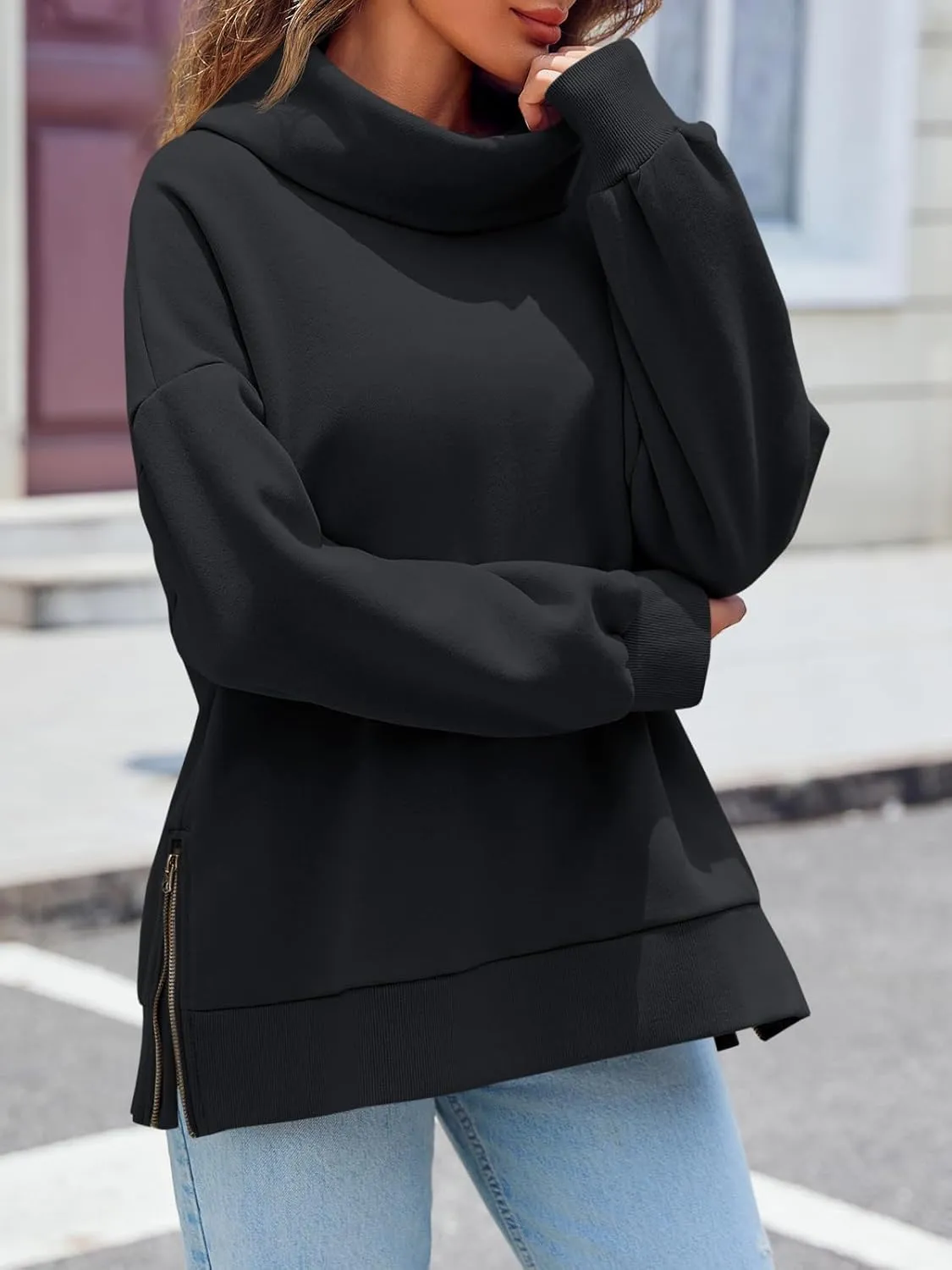 Fisoew Womens Turtleneck Oversized Sweatshirts Casual Long Sleeve Side Zip Warm Pullover Tops