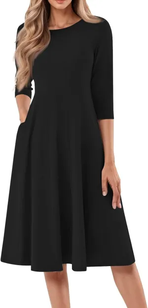 Formal Dresses for Women 2025 Winter Summer Spring Midi 3/4 Sleeve Casual Pleated A Line Dresses