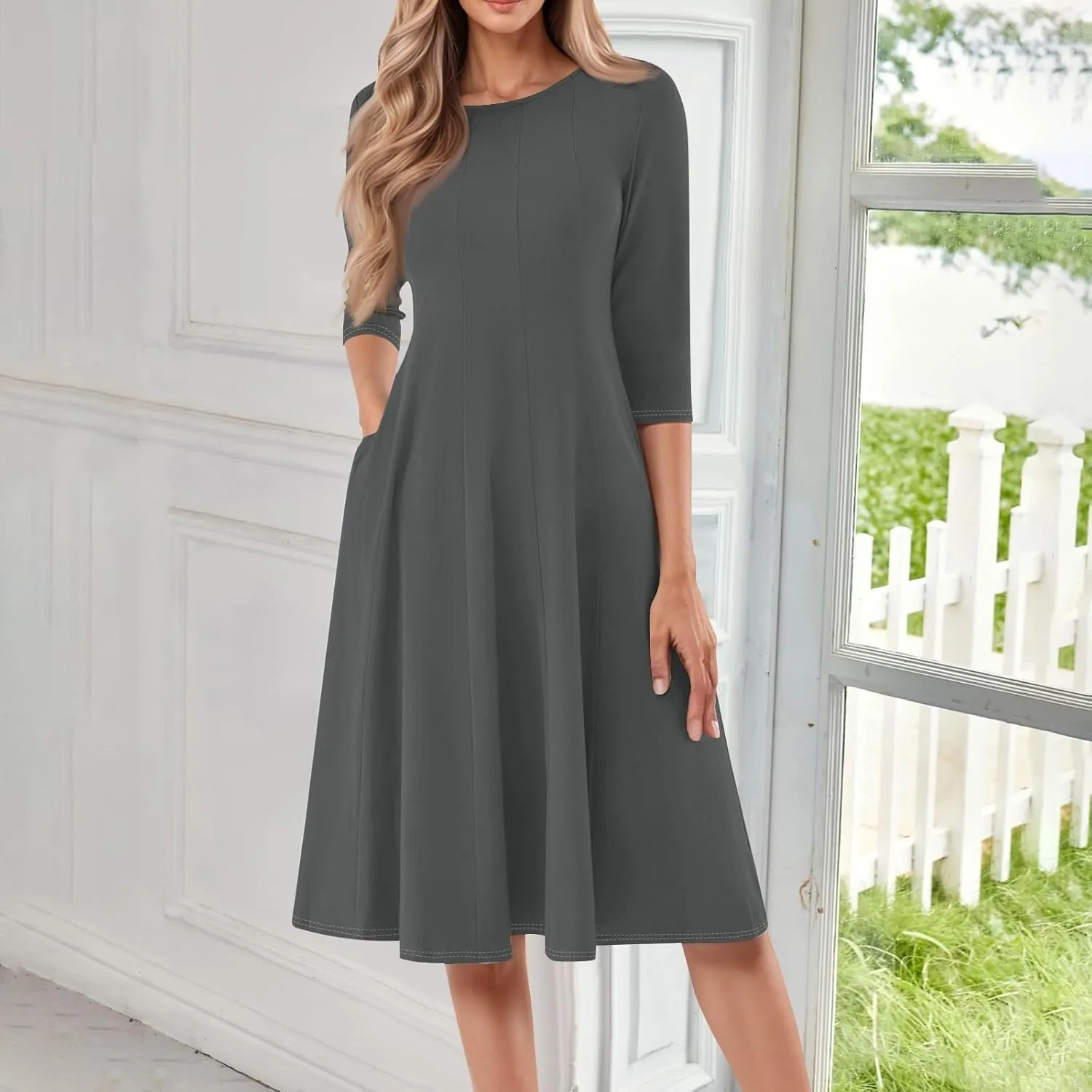 Formal Dresses for Women 2025 Winter Summer Spring Midi 3/4 Sleeve Casual Pleated A Line Dresses