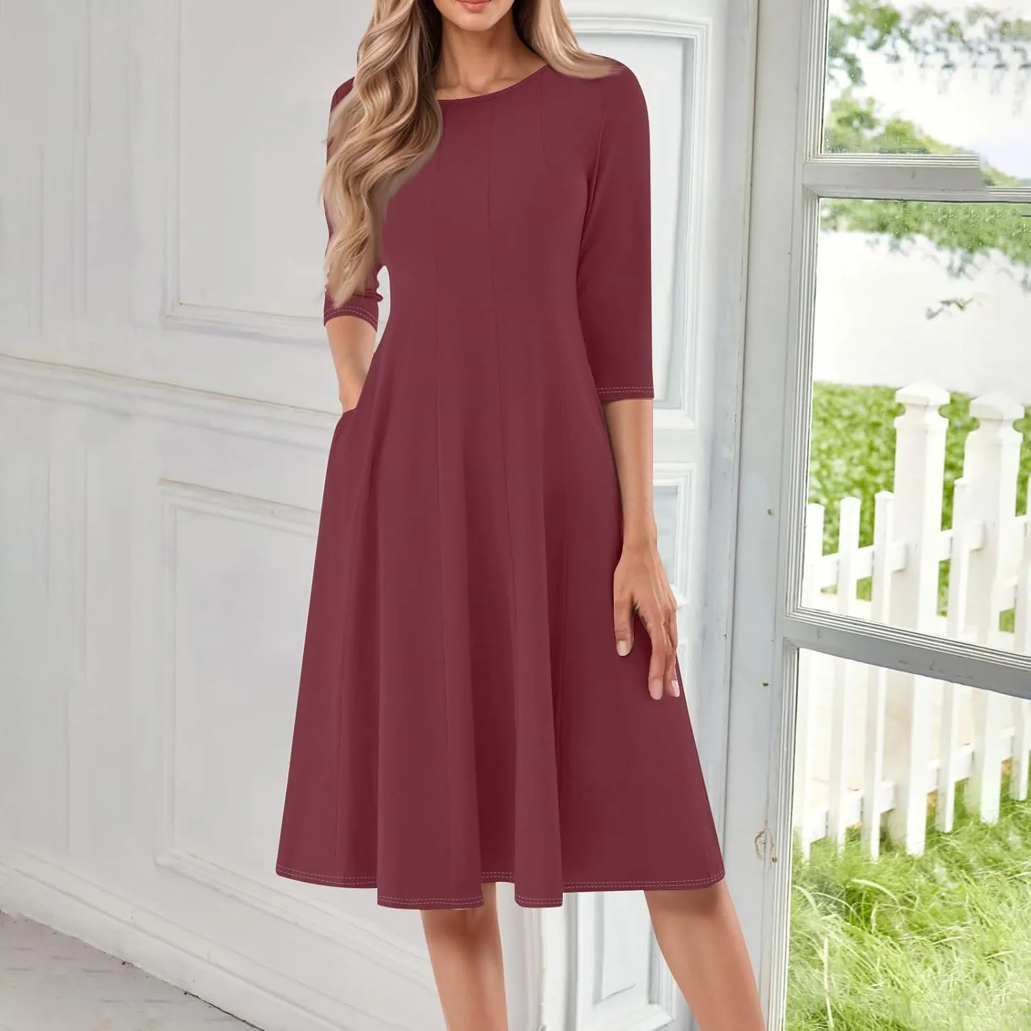 Formal Dresses for Women 2025 Winter Summer Spring Midi 3/4 Sleeve Casual Pleated A Line Dresses