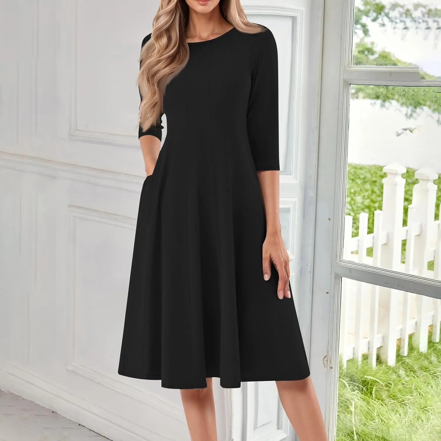 Formal Dresses for Women 2025 Winter Summer Spring Midi 3/4 Sleeve Casual Pleated A Line Dresses