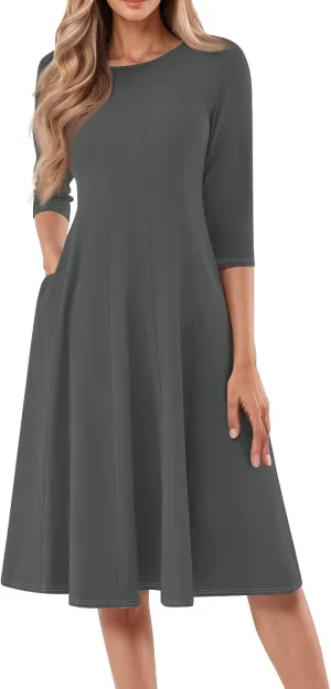 Formal Dresses for Women 2025 Winter Summer Spring Midi 3/4 Sleeve Casual Pleated A Line Dresses