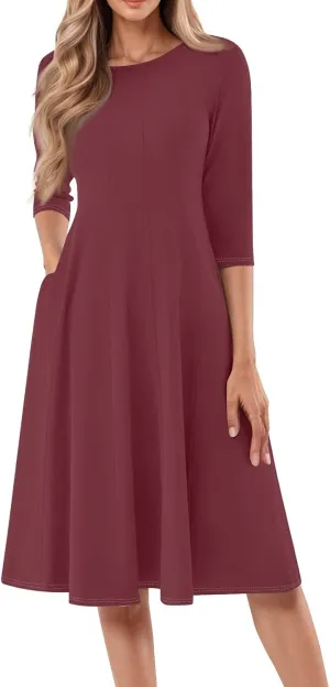 Formal Dresses for Women 2025 Winter Summer Spring Midi 3/4 Sleeve Casual Pleated A Line Dresses