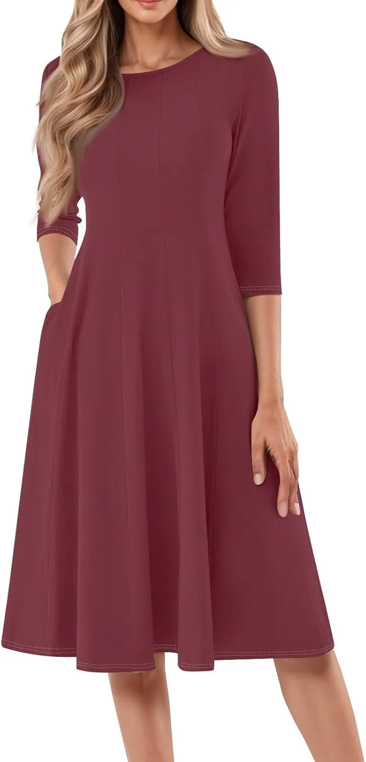 Formal Dresses for Women 2025 Winter Summer Spring Midi 3/4 Sleeve Casual Pleated A Line Dresses