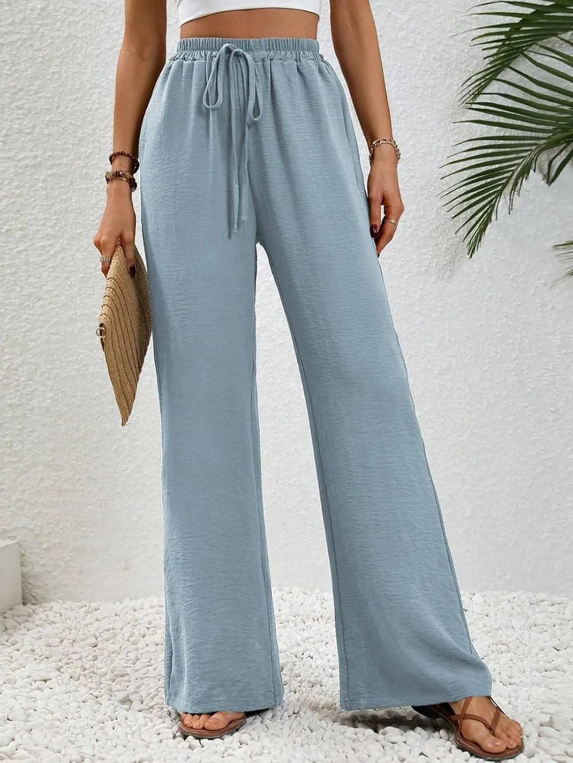 GUOLEZEEV Women Wide Leg Pants High Waisted Beach Pants Long Culottes Trendy Flowy Pants with Pockets