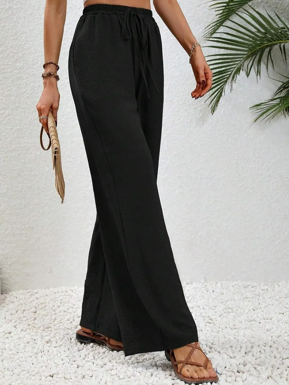 GUOLEZEEV Women Wide Leg Pants High Waisted Beach Pants Long Culottes Trendy Flowy Pants with Pockets