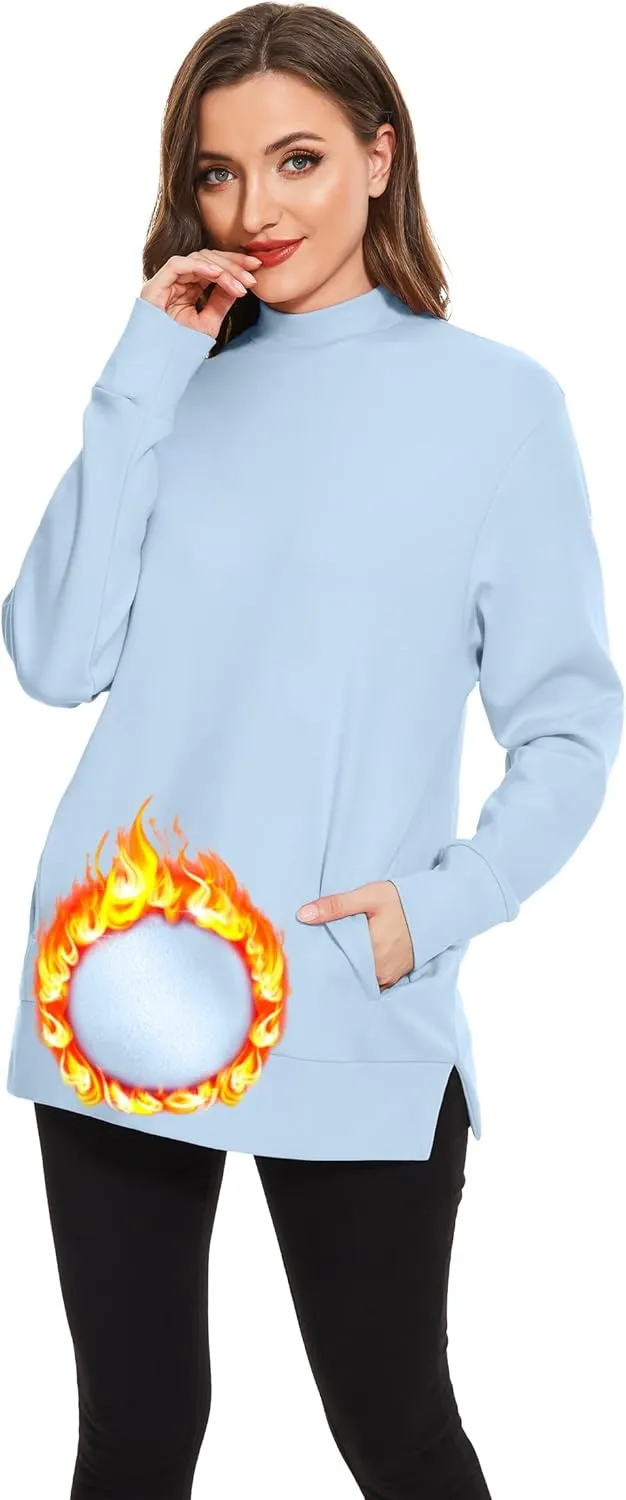 H HIAMIGOS Women's Casual Long sleeves Sweatshirt Tops Basic Loose Fit Mock Turtle Neck Tunic Pullover With Pocket