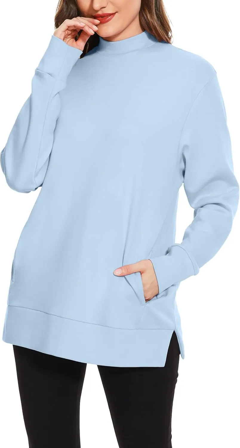 H HIAMIGOS Women's Casual Long sleeves Sweatshirt Tops Basic Loose Fit Mock Turtle Neck Tunic Pullover With Pocket