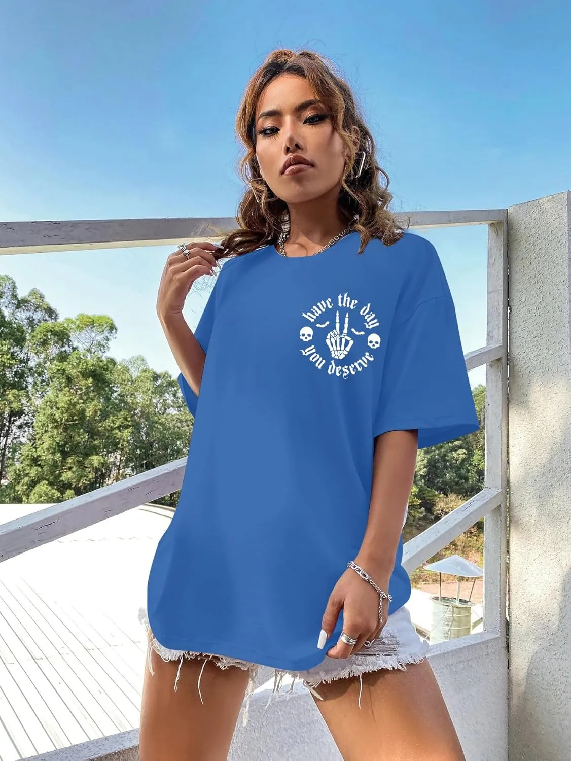 Have The Day You Deserve Shirt Oversized T-Shirt Women Funny Retro Skeleton Graphic Tee Inspirational Shirt Short Sleeve Top