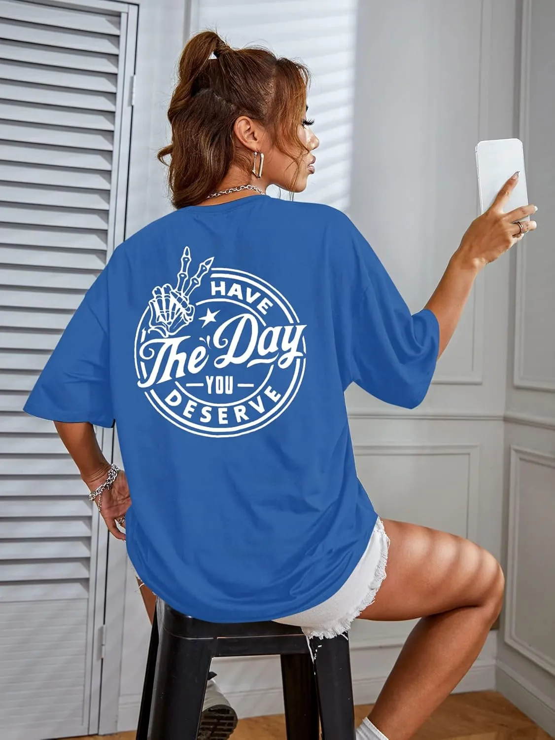 Have The Day You Deserve Shirt Oversized T-Shirt Women Funny Retro Skeleton Graphic Tee Inspirational Shirt Short Sleeve Top