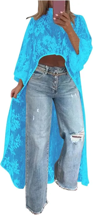 HGps8w Elegant Women's High Low Lace Tunic Tops Lantern Long Sleeve Mock Neck Asymmetrical Irregular Hem Dressy Casual Blouse