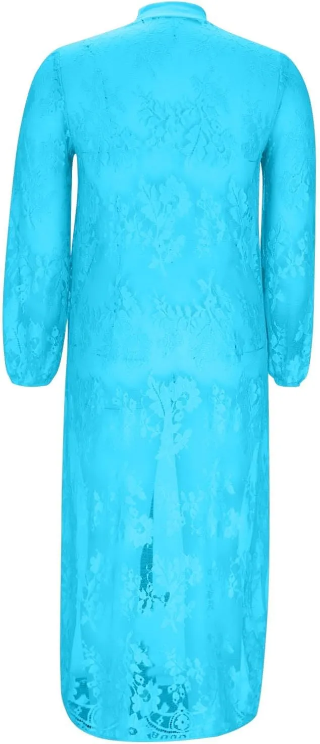 HGps8w Elegant Women's High Low Lace Tunic Tops Lantern Long Sleeve Mock Neck Asymmetrical Irregular Hem Dressy Casual Blouse
