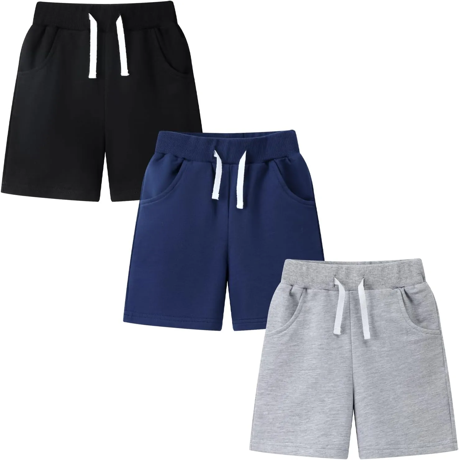 HILEELANG Toddler Boys' Shorts 3-Pack Summer Cotton French Terry Solid Adjust Pocket Shorts 12M-7Y