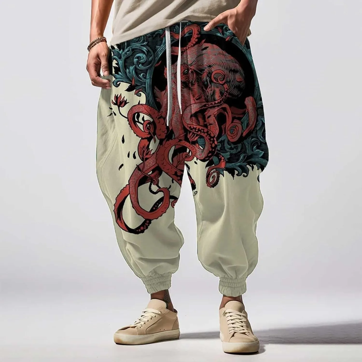 Japanese Hip Hop Sweatpants Harem Pants Sports Casual Sweatpants Lightweight Sweat Pants with Pockets Hakama Pants