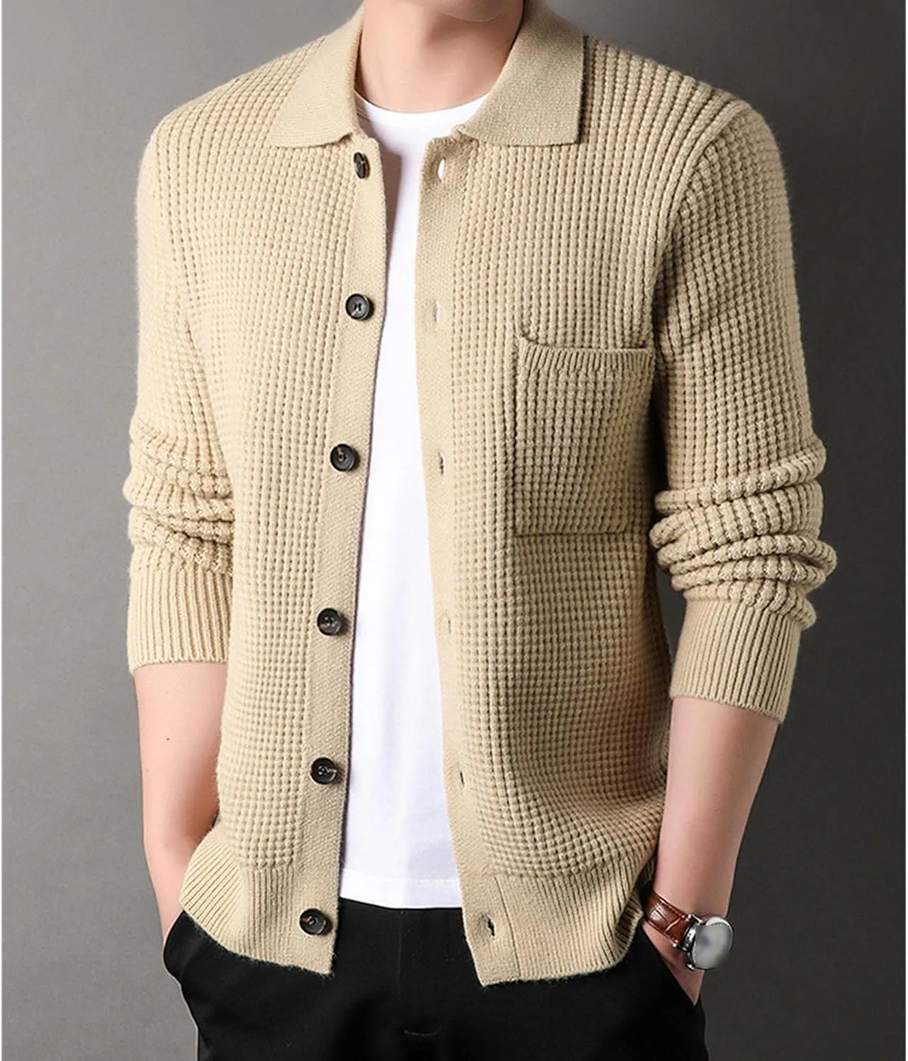 JEKE-DG Men's Lapel Button Down Cardigan Sweater Fashion Loose Sleeve Regular Sweater Casual Open Front Sweaters