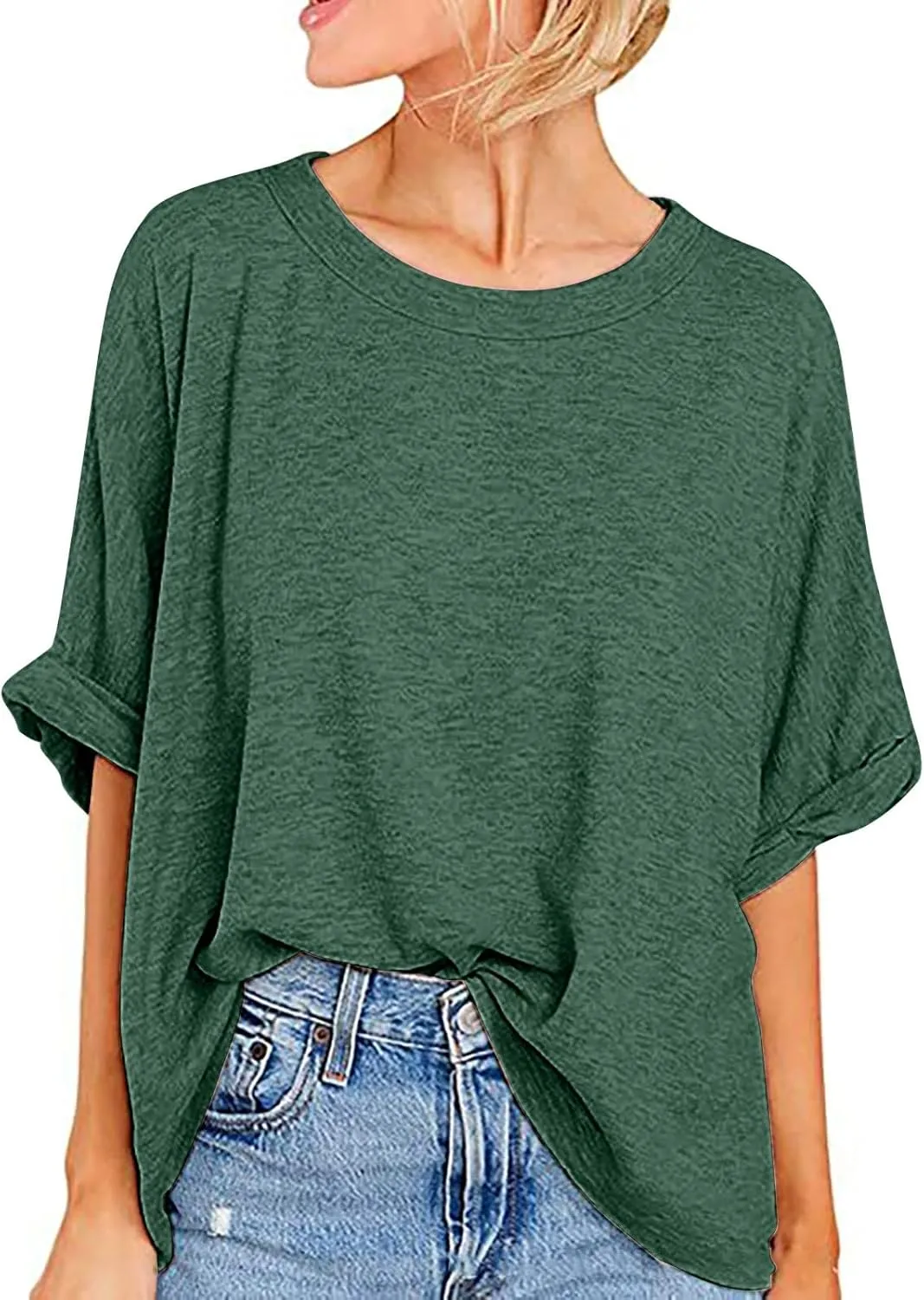 JOAU Women's Oversized T-Shirt Summer Casual Loose Fit Rolled Short Sleeve Round Neck Basic Tops Workout Gym Tee Shirts