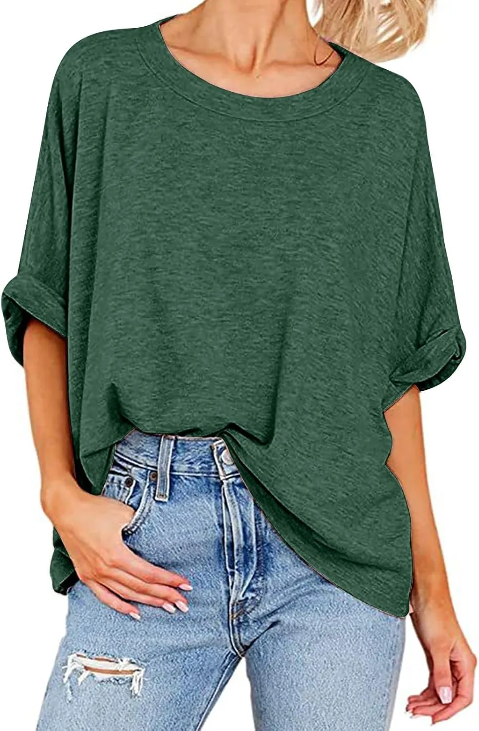 JOAU Women's Oversized T-Shirt Summer Casual Loose Fit Rolled Short Sleeve Round Neck Basic Tops Workout Gym Tee Shirts