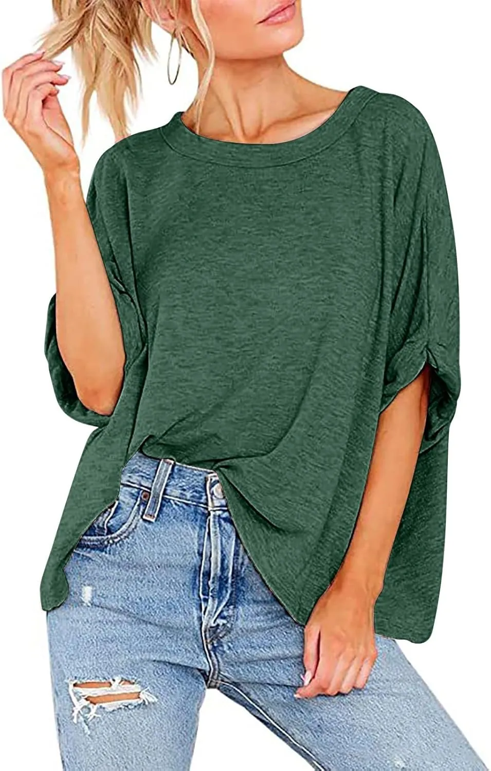 JOAU Women's Oversized T-Shirt Summer Casual Loose Fit Rolled Short Sleeve Round Neck Basic Tops Workout Gym Tee Shirts