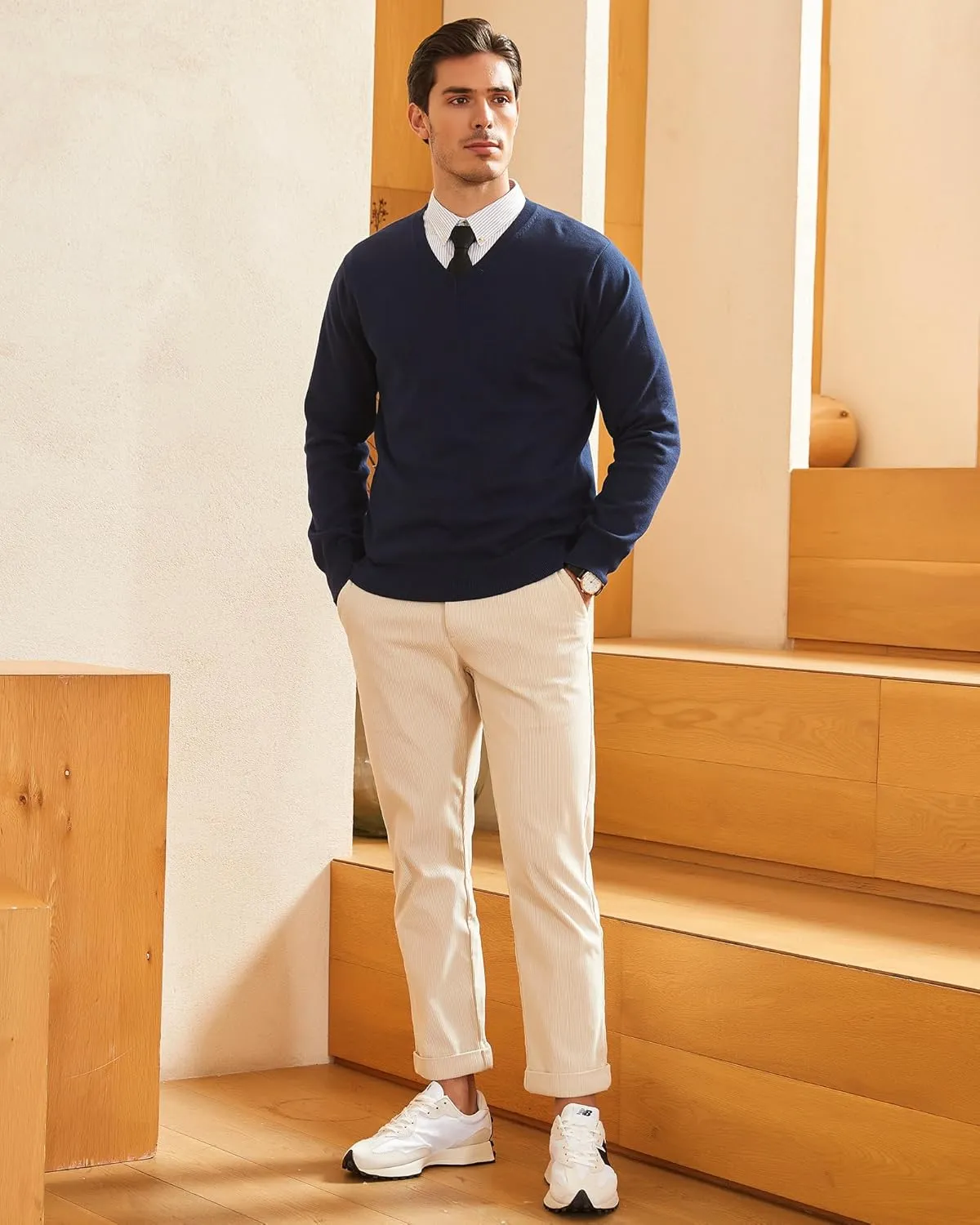 Kallspin Men's V Neck Sweater Pullover Pure Cotton Regular Fit Long Sleeve Knitting Sweaters