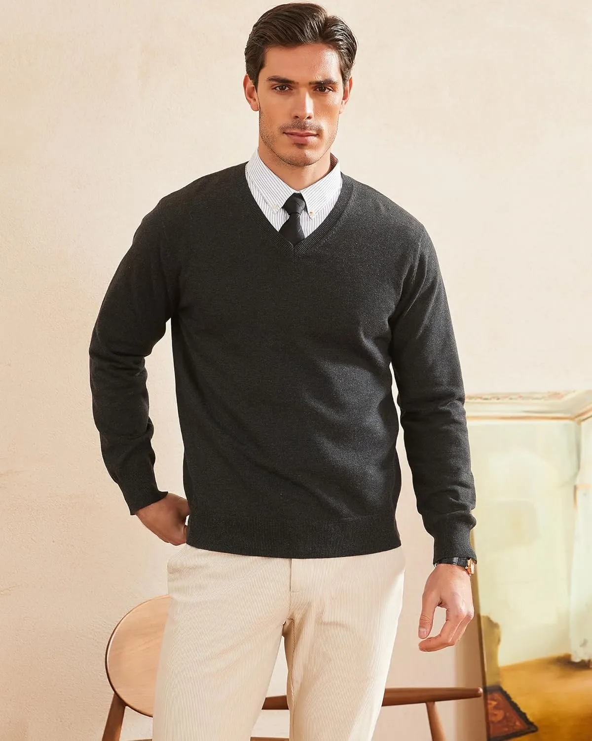 Kallspin Men's V Neck Sweater Pullover Pure Cotton Regular Fit Long Sleeve Knitting Sweaters