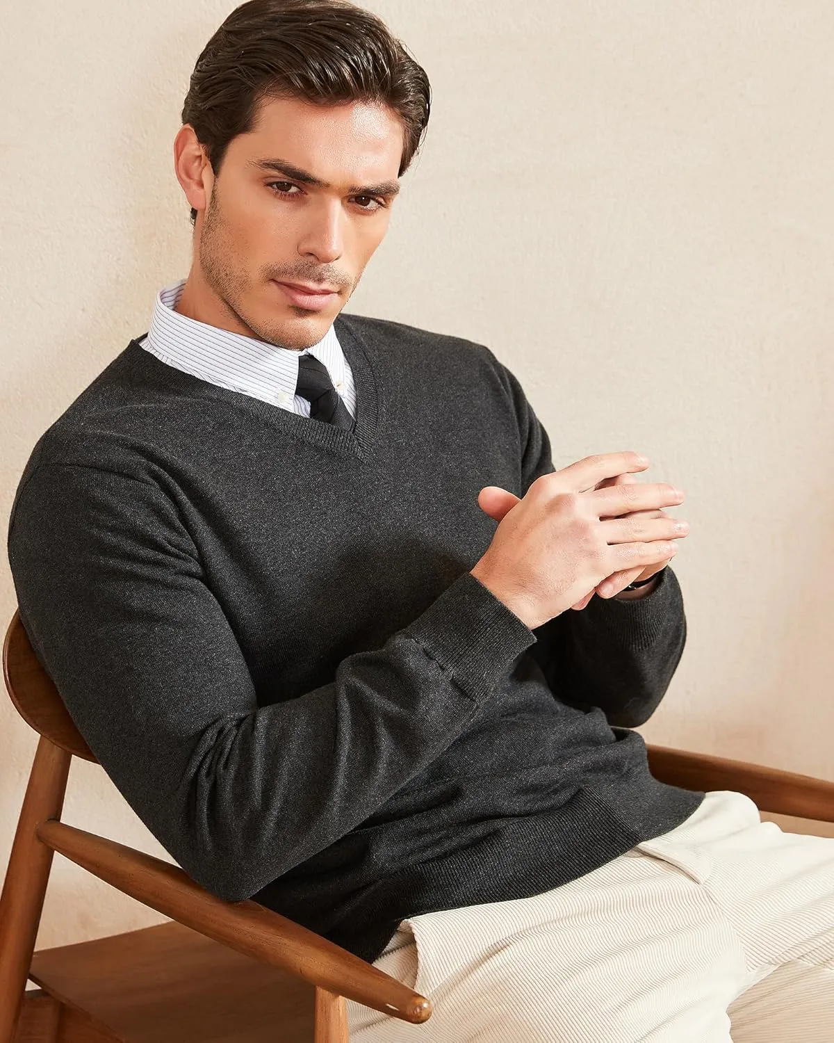 Kallspin Men's V Neck Sweater Pullover Pure Cotton Regular Fit Long Sleeve Knitting Sweaters